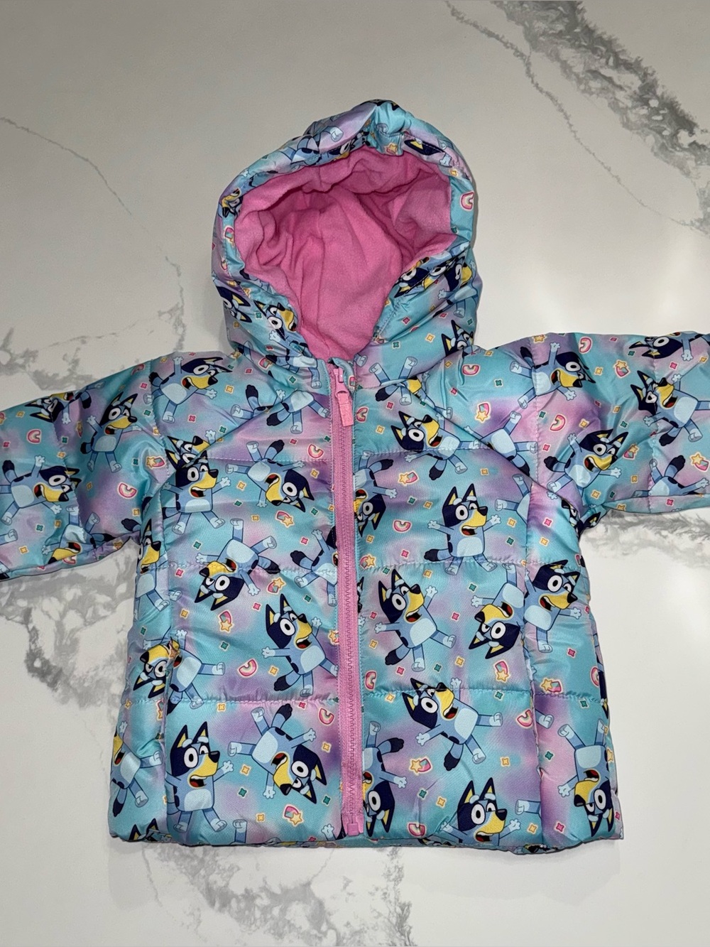 Toddler Bluey Puffer Jacket, Pink and Blue Girls 2T